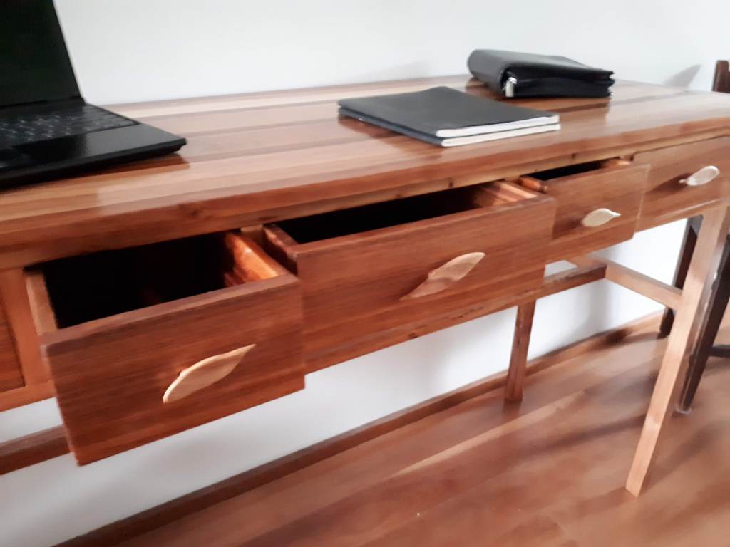 Standing desk in Blackwood. 
Carved leaf drawer pulls
